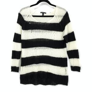 Mango Pullover Scoop Neck Sweater Womens XS Distressed Look Black White Striped